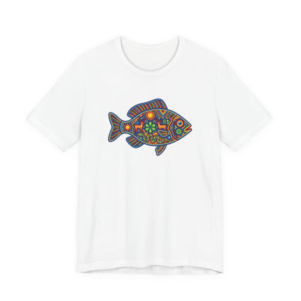 Vibrant Mexican folk art fish graphic tee featuring Huichol style symbolism.
