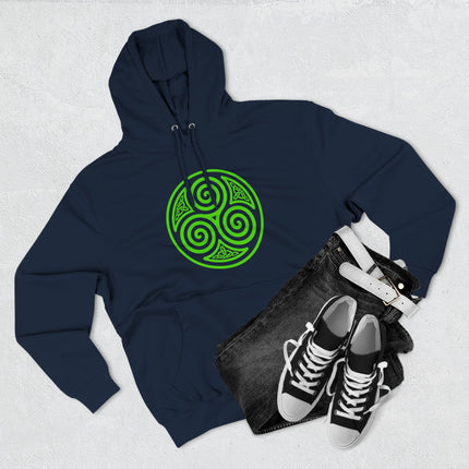 Green Celtic triskelion symbol graphic featuring a triple spiral design.