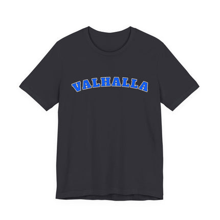 Valhalla Norse mythology graphic t-shirt, featuring bold blue text on a black background.