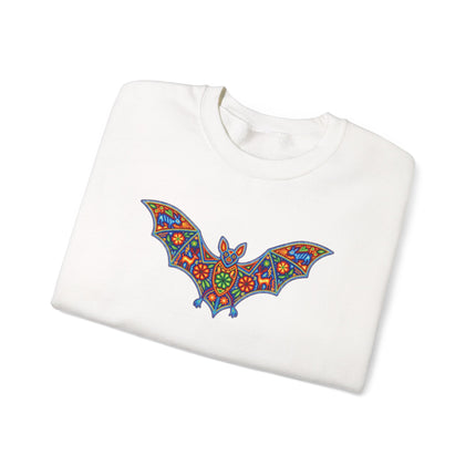 Vibrant Huichol folk art bat graphic on a cozy Mexican pullover sweatshirt.