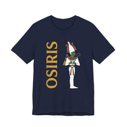 Osiris Egyptian god graphic t-shirt featuring the deity and name in ancient mythology style.