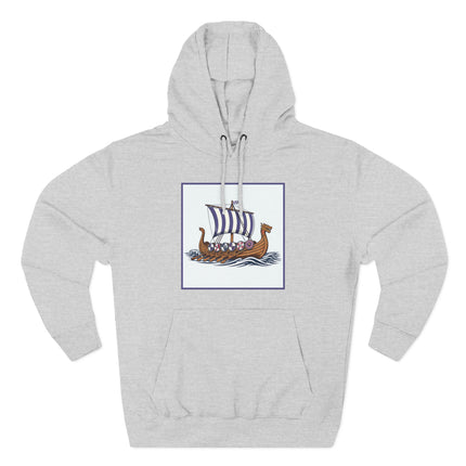Viking longship graphic with striped sails, perfect Norse mythology apparel for history enthusiasts.