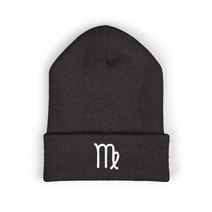 Virgo Symbol Cuffed Beanie | Embroidered White Earth-Sign Zodiac Glyph