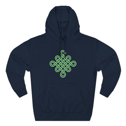 Celtic Knot symbol green graphic on a navy blue pullover hoodie.