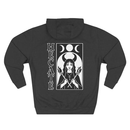 Hecate goddess graphic with triple moon symbol and occult lettering.