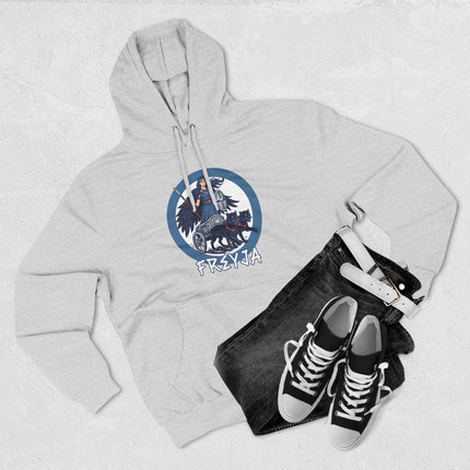 Freyja Norse goddess graphic hoodie featuring a cat in a chariot.