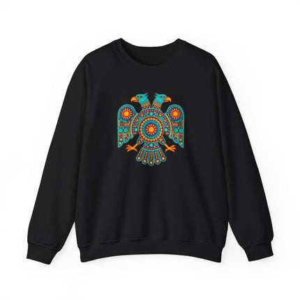 Two-headed eagle Huichol art print on vibrant Mexican pullover sweatshirt.