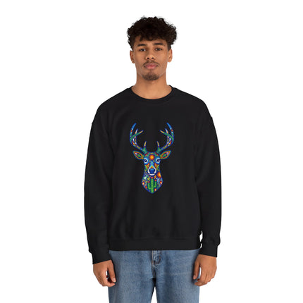 Colorful Huichol deer graphic on black sweatshirt. Vibrant Mexican folk art design.