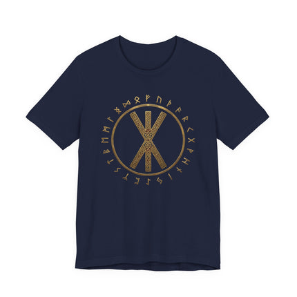 Viking rune t-shirt with gold Strength rune and surrounding Elder Futhark symbols.