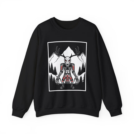 Skeletal Wendigo with antlers in a mountain forest graphic design.