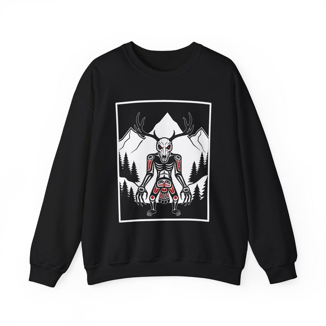 Skeletal Wendigo with antlers in a mountain forest graphic design.