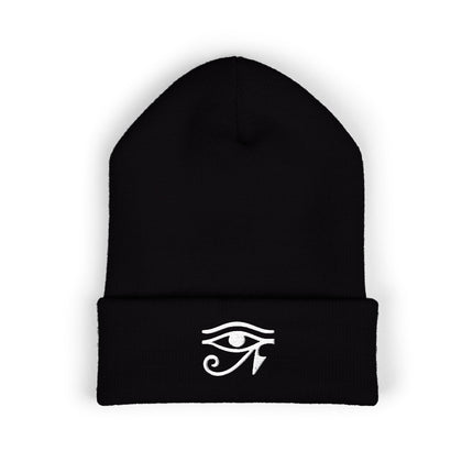 Eye of Ra Embroidered Cuffed Beanie with White Egyptian Symbol