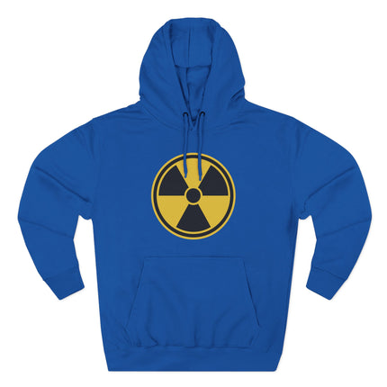 Blue hoodie featuring a yellow radioactive hazard symbol graphic print.