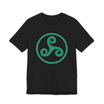 Green Celtic triskelion symbol on a black t-shirt. Circular knotwork design.