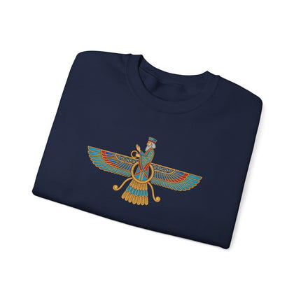 Zoroastrian Faravahar winged symbol graphic printed on a Persian style pullover sweatshirt.