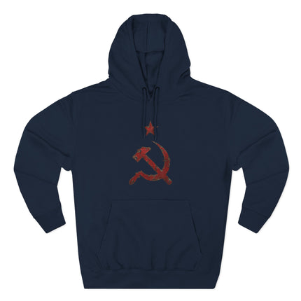 Distressed red hammer and sickle communist symbol on a navy pullover hoodie.