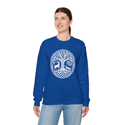Circular Celtic Tree of Life knotwork design featuring deer and fox.