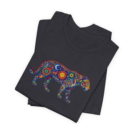 Mexican Huichol jaguar graphic tee featuring cosmic sun and moon folk art design.