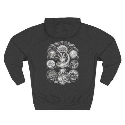 Yggdrasil World Tree illustration on a black hoodie, depicting the Nine Worlds of Norse Mythology.