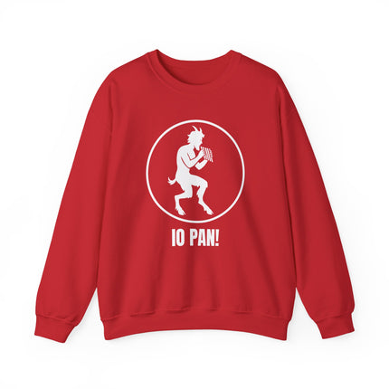 IO PAN! Satyr silhouette graphic on a red sweatshirt, referencing Greek mythology and Pan.