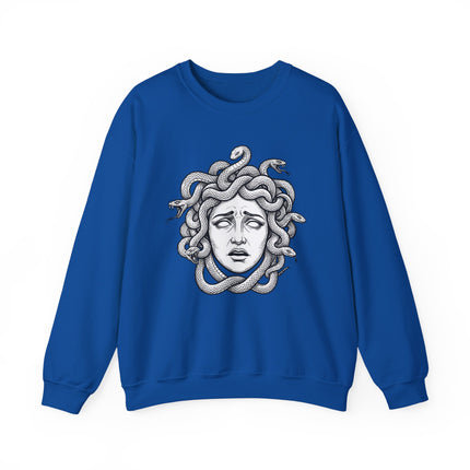 Medusa portrait graphic with snakes for hair, featuring Greek mythology art.