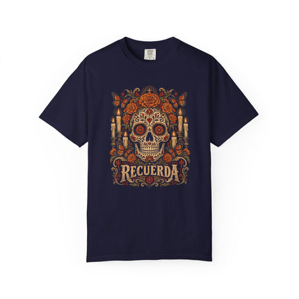 Recuerda T-Shirt | Decorated Skull, Marigolds and Candle Artwork