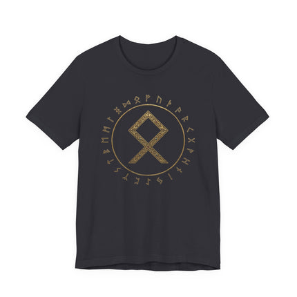 Viking runes t-shirt featuring the Elder Futhark circle and central Othala knotwork design.