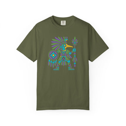 Aztec Hummingbird Warrior T-Shirt | Feathered Figure and Shield Art Tee