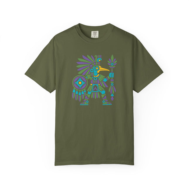 Aztec Hummingbird Warrior T-Shirt | Feathered Figure and Shield Art Tee