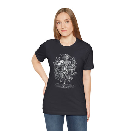 Pan faun satyr graphic tee featuring a mythological figure playing a flute.