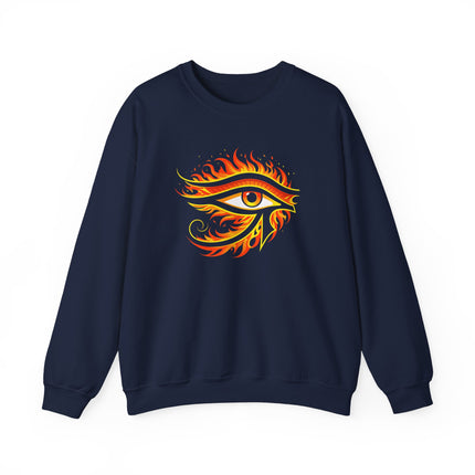 Fiery Eye of Ra graphic on a dark sweatshirt, representing ancient Egyptian mythology and power.