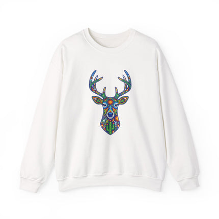 Vibrant Mexican folk art deer graphic on white sweatshirt, featuring Huichol geometric patterns.