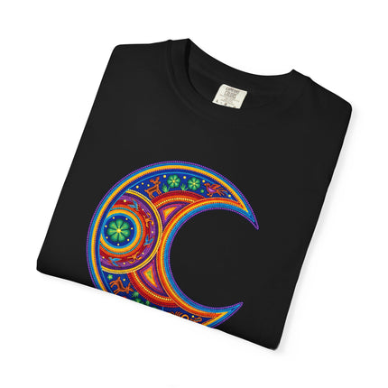 Huichol Inspired Crescent Moon Graphic T-Shirt | Colorful Mexican Art Tee