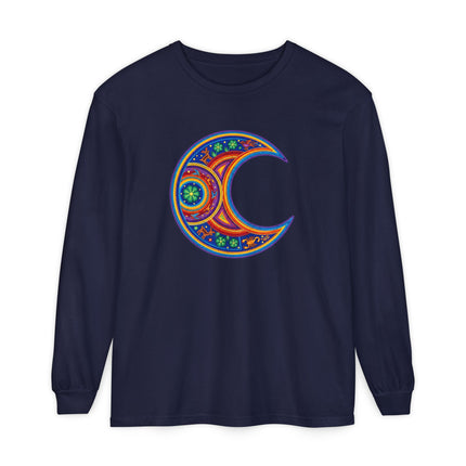 Huichol-Inspired Moon Long Sleeve T-Shirt | Colorful Crescent Art