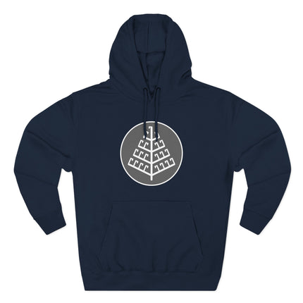 Geometric Yggdrasil World Tree graphic on a navy pullover hoodie.