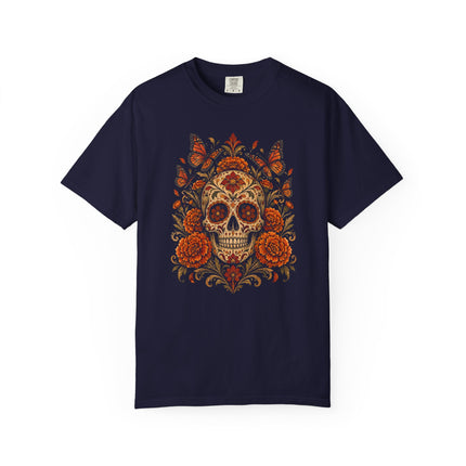 Skull with Marigolds and Butterflies T-Shirt | Floral Calavera Art