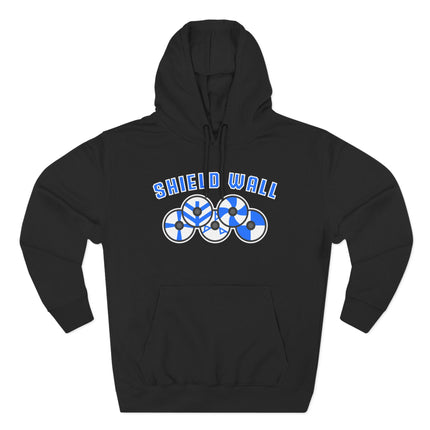 Black hoodie featuring "SHIELD WALL" text and three interconnected Norse warrior shields.