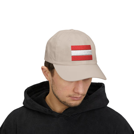 Embroidered Austrian flag baseball cap featuring red and white stripes for national pride.