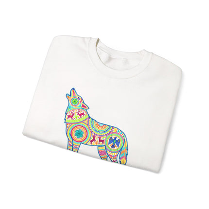 Colorful Huichol howling wolf design on a Mexican folk art style pullover sweatshirt.