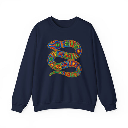 Huichol Snake Art Sweatshirt | Vibrant Indigenous Geometric Serpent Pullover Sweatshirt