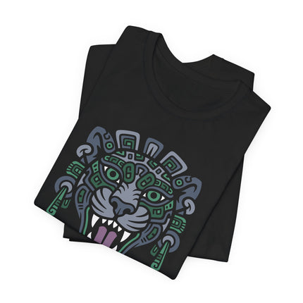 Mayan Jaguar Head T-Shirt | Fanged Feline with Patterned Headdress Tee