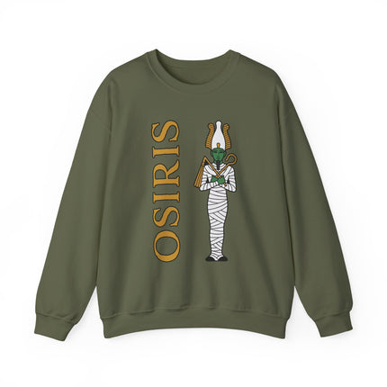 Osiris Egyptian god graphic on an olive green sweatshirt featuring mummy wrapping.