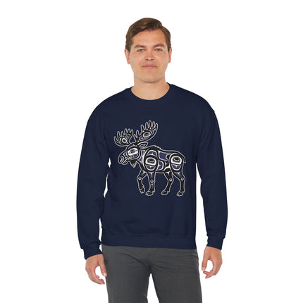 Northwest Coast art moose graphic on a dark blue pullover sweatshirt.