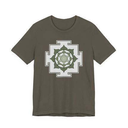 Bhuvaneshwari Yantra sacred geometry design on a brown unisex t-shirt. Hindu spiritual art.