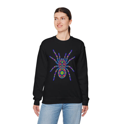 Colorful Huichol tarantula folk art graphic on a black unisex sweatshirt.
