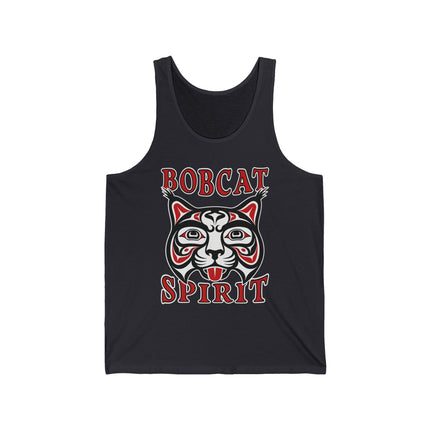 Red bobcat tribal art tank top featuring "Bobcat Spirit" text.
