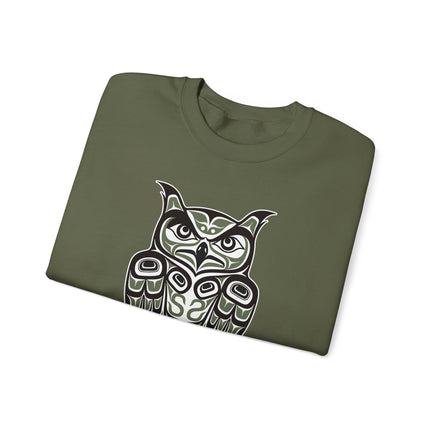 Red and black sweatshirt featuring Pacific Northwest owl formline art design.