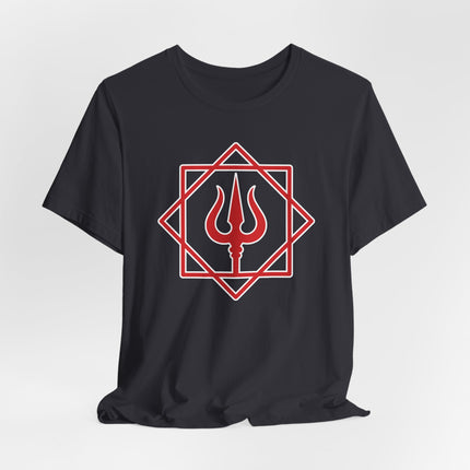 Red geometric trishula symbol graphic on a black Lord Shiva t-shirt.