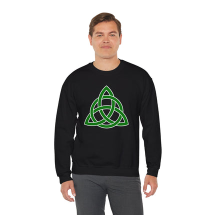 Green Celtic Triquetra knot graphic on a black pullover sweatshirt.
