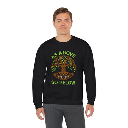 Tree of Life sweatshirt with "As Above So Below" text and Celtic nature symbolism.